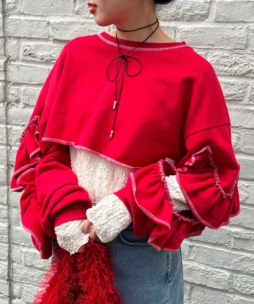 HELLO.SANFRANCISCO（ハローサンフランシスコ）の「【HELLO.SANFRANCISCO】カットアウトフリルトップス（Tシャツ/カットソー・レディース・レッド/ベージュ/ネイビー・ONE SIZE）」の3枚目の写真