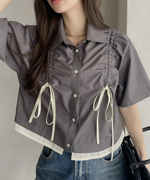【25SS 先行予約】フロントリボン ギャザー 半袖 クロップ ショート丈シャツ（シャツ/ブラウス）｜Ada.（エイダ）