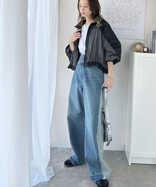 classicalelf(クラシカルエルフ)の「柔らかなシアーが魅力。軽量ナイロン異素材ドッキングギャザー使いスタンドカラーブルゾン(ナイロンジャケット・レディース・ブラック×グレー/ブラック系その他/ベージュ系その他・X-LARGE/SMALL/MEDIUM/LARGE)」の15枚目の写真