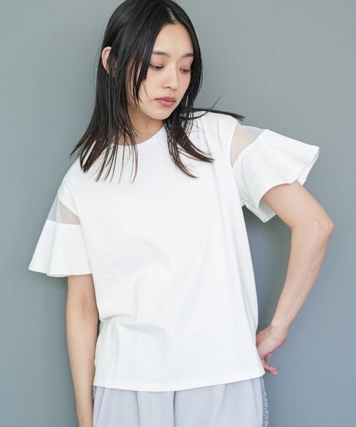 mili an deni(ミリアンデニ)の「シースルーフレアスリーブTシャツ(Tシャツ/カットソー・レディース・オフホワイト/ブラック・M)」の1枚目の写真