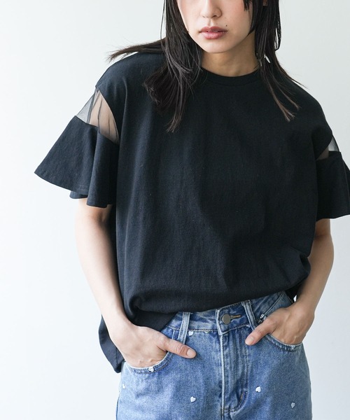 mili an deni(ミリアンデニ)の「シースルーフレアスリーブTシャツ(Tシャツ/カットソー・レディース・オフホワイト/ブラック・M)」の8枚目の写真