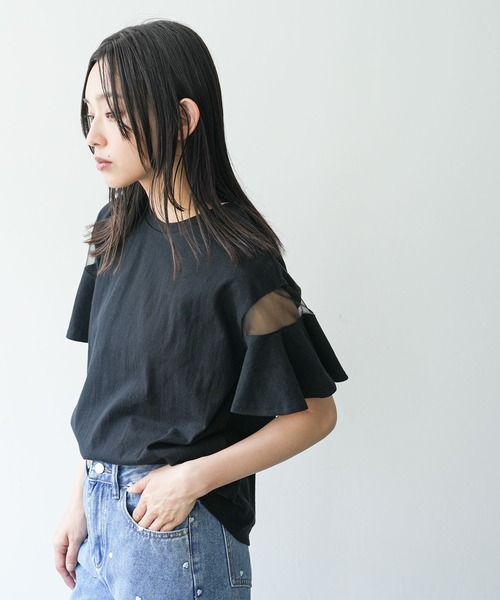 mili an deni(ミリアンデニ)の「シースルーフレアスリーブTシャツ(Tシャツ/カットソー・レディース・オフホワイト/ブラック・M)」の9枚目の写真