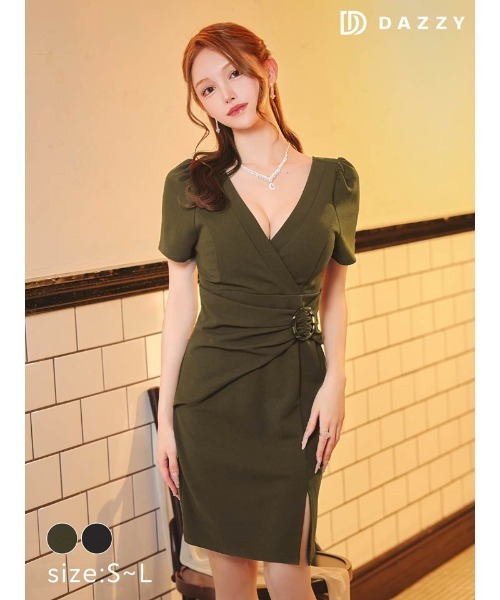 DAZZY（デイジー）の「カシュクール ラップリング 半袖 スリットタイトミニドレス（ドレス・レディース・ブラック/モスグリーン・S/M/L）」の5枚目の写真