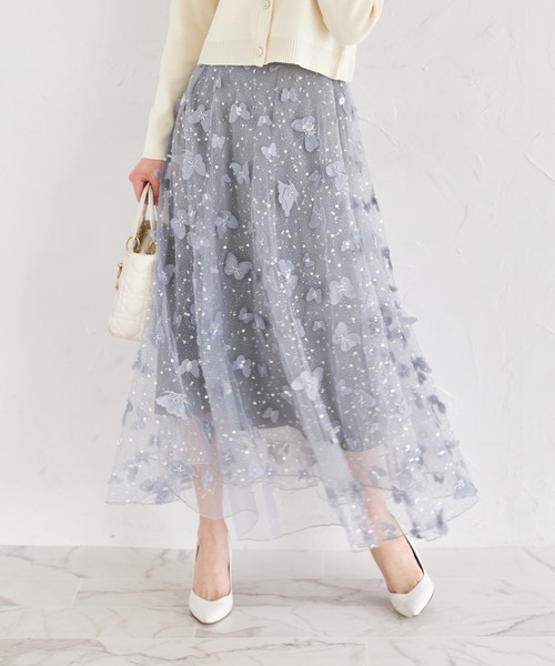 tocco closet（トッコ　クローゼット）の「ビジュー×パピヨンモチーフチュールフレアスカート（スカート・レディース・グレイッシュブルー/アイボリー・M）」の2枚目の写真