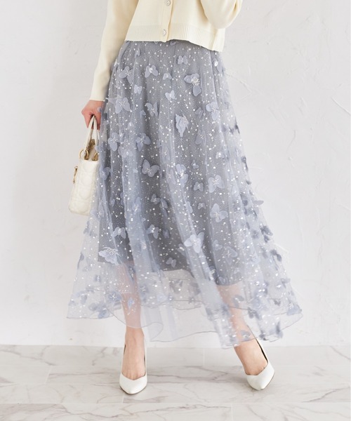 tocco closet（トッコ　クローゼット）の「ビジュー×パピヨンモチーフチュールフレアスカート（スカート・レディース・グレイッシュブルー/アイボリー・M）」の15枚目の写真