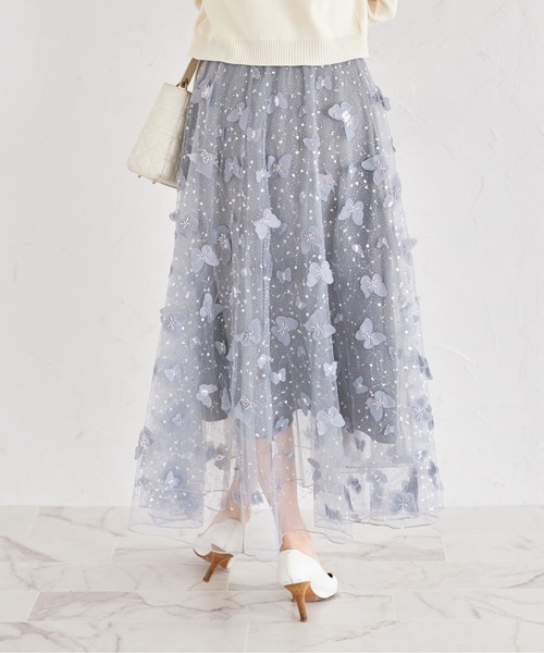 tocco closet（トッコ　クローゼット）の「ビジュー×パピヨンモチーフチュールフレアスカート（スカート・レディース・グレイッシュブルー/アイボリー・M）」の16枚目の写真