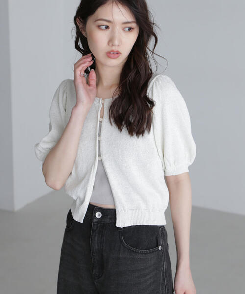 FREE'S MART（フリーズマート）の「◆ラメミックスパフスリーブニットカーディガン（ニット/セーター・レディース・ブラック/ネイビー/レッド/ホワイト・FREE）」の2枚目の写真