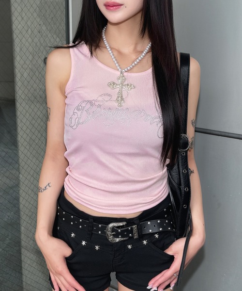 galliano ホワイト タンクトップ XS ピンクグリッター レディースのタンクトップ（ピンク/桃色系・ビジュー）ファッション