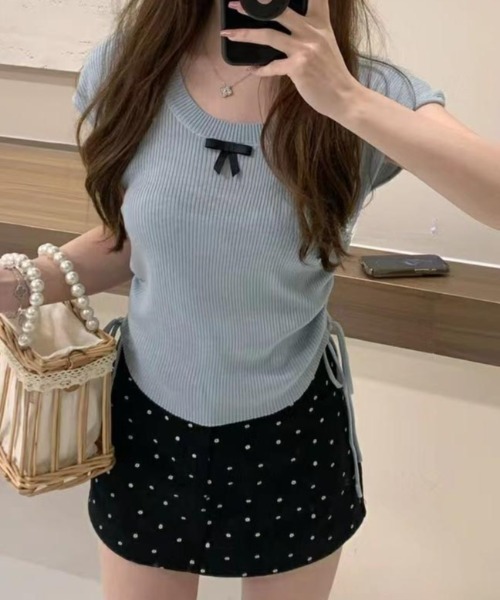SHEPP（シープ）の「サイドシャーリング リボン サマーニット（Tシャツ/カットソー・レディース・グリーン/ピンク/ブラック/アイボリー/ブルー・F）」の4枚目の写真