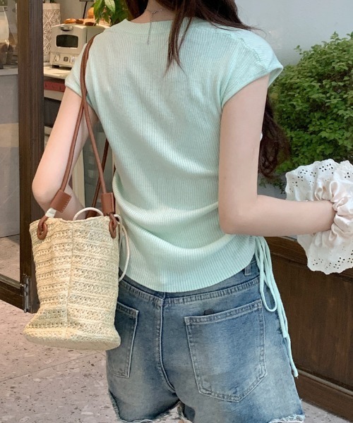 SHEPP（シープ）の「サイドシャーリング リボン サマーニット（Tシャツ/カットソー・レディース・グリーン/ピンク/ブラック/アイボリー/ブルー・F）」の18枚目の写真