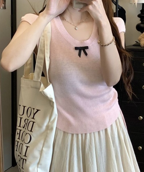 SHEPP（シープ）の「サイドシャーリング リボン サマーニット（Tシャツ/カットソー・レディース・グリーン/ピンク/ブラック/アイボリー/ブルー・F）」の20枚目の写真
