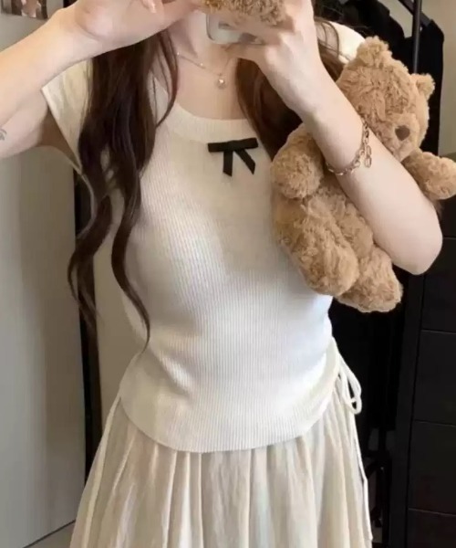 SHEPP（シープ）の「サイドシャーリング リボン サマーニット（Tシャツ/カットソー・レディース・グリーン/ピンク/ブラック/アイボリー/ブルー・F）」の11枚目の写真