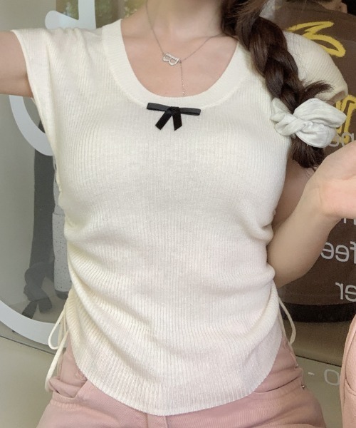 SHEPP（シープ）の「サイドシャーリング リボン サマーニット（Tシャツ/カットソー・レディース・グリーン/ピンク/ブラック/アイボリー/ブルー・F）」の12枚目の写真