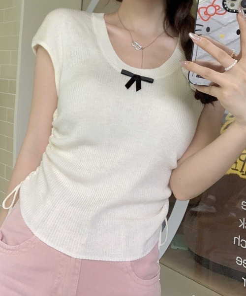 SHEPP（シープ）の「サイドシャーリング リボン サマーニット（Tシャツ/カットソー・レディース・グリーン/ピンク/ブラック/アイボリー/ブルー・F）」の13枚目の写真