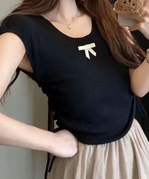 SHEPP（シープ）の「サイドシャーリング リボン サマーニット（Tシャツ/カットソー・レディース・グリーン/ピンク/ブラック/アイボリー/ブルー・F）」の15枚目の写真