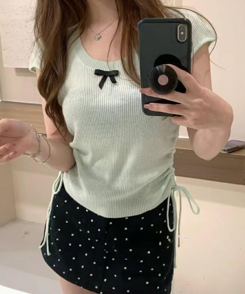 SHEPP（シープ）の「サイドシャーリング リボン サマーニット（Tシャツ/カットソー・レディース・グリーン/ピンク/ブラック/アイボリー/ブルー・F）」の17枚目の写真