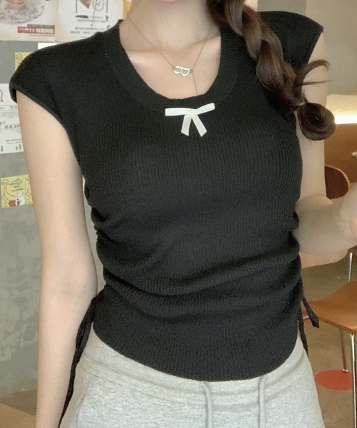 SHEPP（シープ）の「サイドシャーリング リボン サマーニット（Tシャツ/カットソー・レディース・グリーン/ピンク/ブラック/アイボリー/ブルー・F）」の16枚目の写真