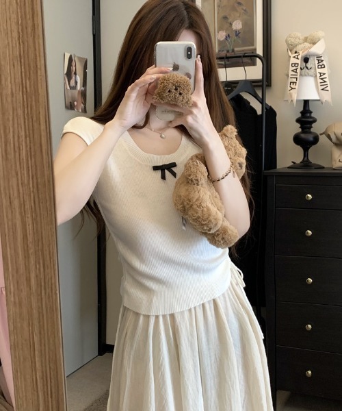 SHEPP（シープ）の「サイドシャーリング リボン サマーニット（Tシャツ/カットソー・レディース・グリーン/ピンク/ブラック/アイボリー/ブルー・F）」の7枚目の写真