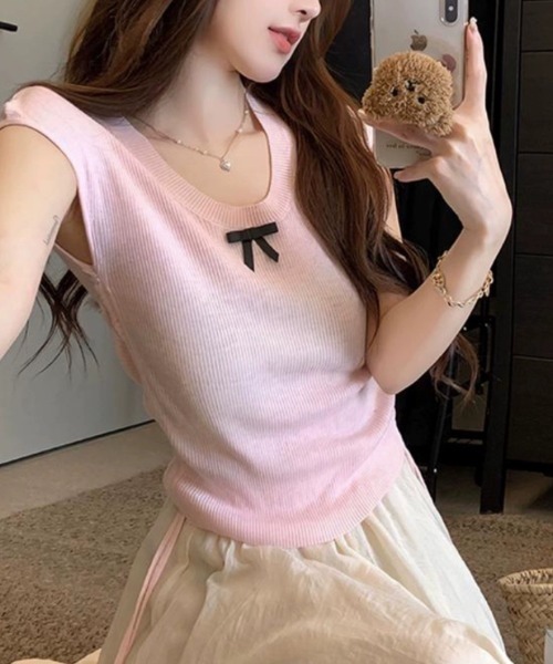 SHEPP（シープ）の「サイドシャーリング リボン サマーニット（Tシャツ/カットソー・レディース・グリーン/ピンク/ブラック/アイボリー/ブルー・F）」の6枚目の写真
