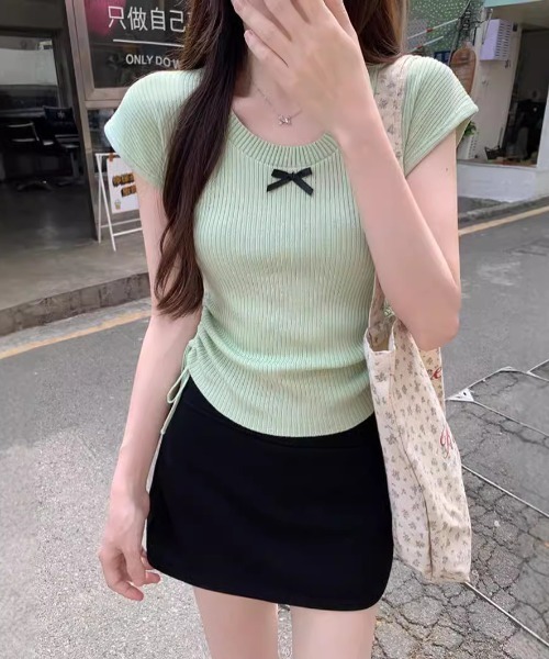 SHEPP（シープ）の「サイドシャーリング リボン サマーニット（Tシャツ/カットソー・レディース・グリーン/ピンク/ブラック/アイボリー/ブルー・F）」の9枚目の写真