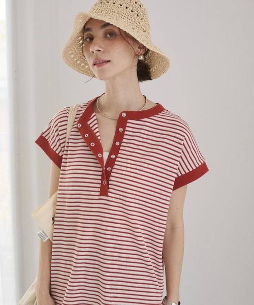 ANGIE(アンジー)の「ヘンリーネック フレンチスリーブ ワッフルT(Tシャツ/カットソー・レディース・チャコールグレー/ブラウン/杢グレー/オレンジ系その他/ブラウン系その他/アイボリー・FREE)」の6枚目の写真