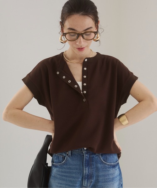ヘンリーネック フレンチスリーブ ワッフルT（Tシャツ