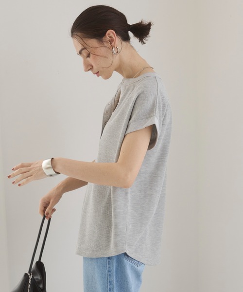 セール】ヘンリーネック フレンチスリーブ ワッフルT（Tシャツ