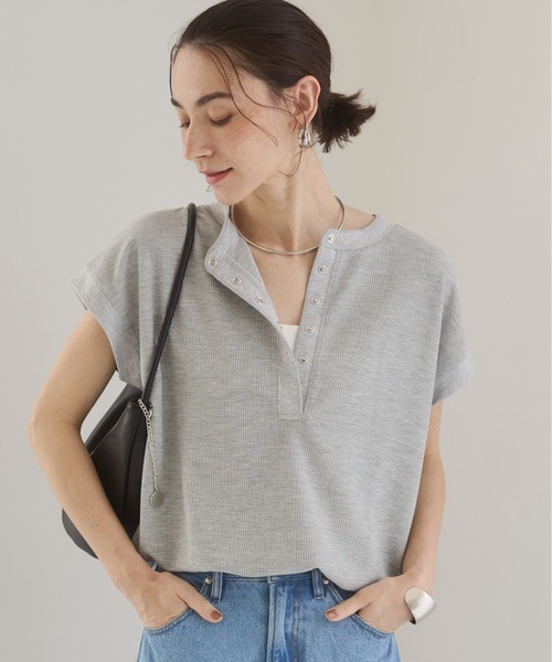 セール】ヘンリーネック フレンチスリーブ ワッフルT（Tシャツ