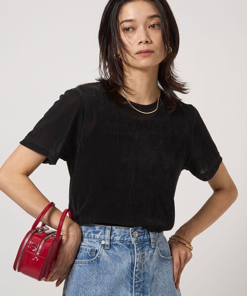 green label relaxing(グリーンレーベルリラクシング)の「シアー フロッキー Tシャツ(Tシャツ/カットソー・レディース・グレー/ダークグリーン/ブラック/ライトブルー/ダークブラウン・FREE)」の2枚目の写真