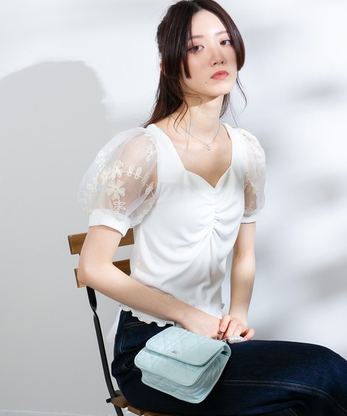 pumpkin port（パンプキンポート）の「コード刺繍 シアー袖 テレコリブ カットソートップス（Tシャツ/カットソー・レディース・ブラック/ピンク/ホワイト・M）」の6枚目の写真