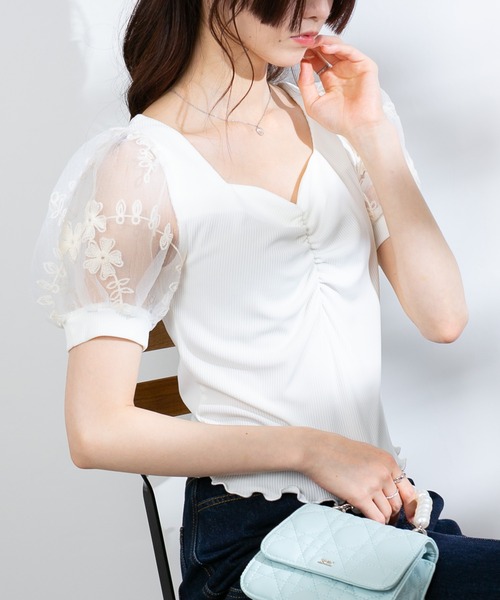 pumpkin port（パンプキンポート）の「コード刺繍 シアー袖 テレコリブ カットソートップス（Tシャツ/カットソー・レディース・ブラック/ピンク/ホワイト・M）」の7枚目の写真