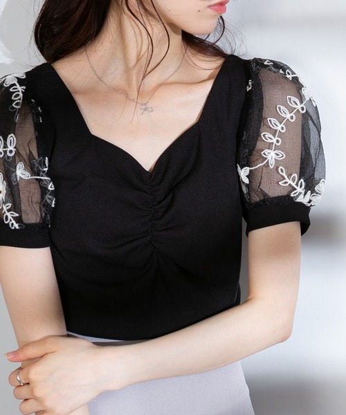 pumpkin port（パンプキンポート）の「コード刺繍 シアー袖 テレコリブ カットソートップス（Tシャツ/カットソー・レディース・ブラック/ピンク/ホワイト・M）」の11枚目の写真