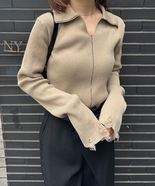 solleim(ソルレム)の「配色ライン襟付きリブポロニット(ポロシャツ・レディース・アイボリー/ベージュ/チャコール・M/L)」の4枚目の写真