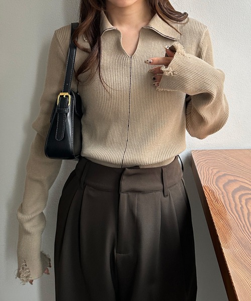solleim(ソルレム)の「配色ライン襟付きリブポロニット(ポロシャツ・レディース・アイボリー/ベージュ/チャコール・M/L)」の10枚目の写真