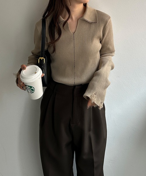 solleim(ソルレム)の「配色ライン襟付きリブポロニット(ポロシャツ・レディース・アイボリー/ベージュ/チャコール・M/L)」の13枚目の写真