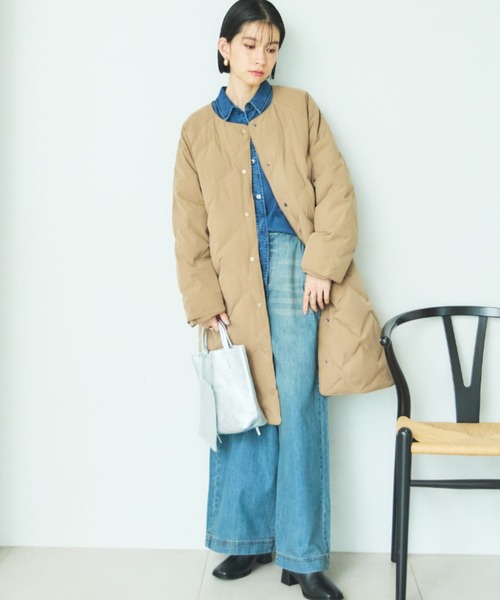 セール】シームレスノーカラーロングコート（ノーカラーコート）｜DOUX