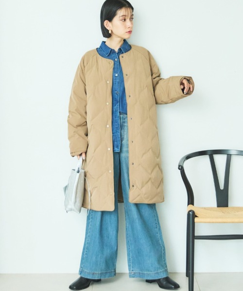 セール】シームレスノーカラーロングコート（ノーカラーコート）｜DOUX