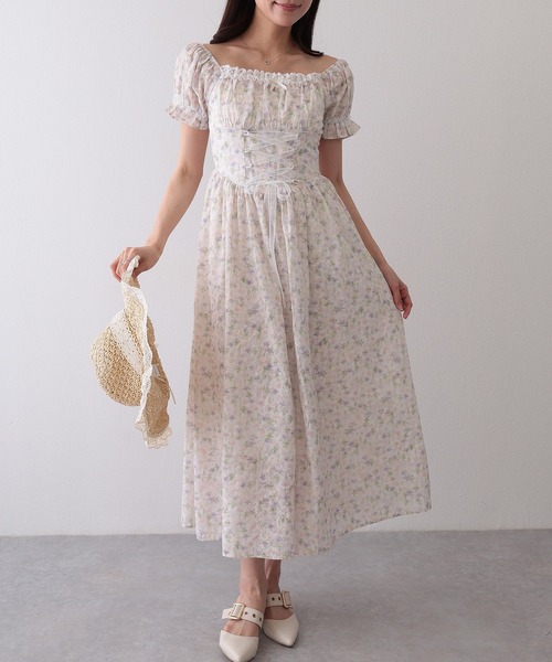 Lace Ladies(レースレディース)の「フロント レースアップ 花柄 ギャザー ワンピース(ワンピース・レディース・ブルー/アイボリー/ラベンダー/ピンク・FREE)」の1枚目の写真