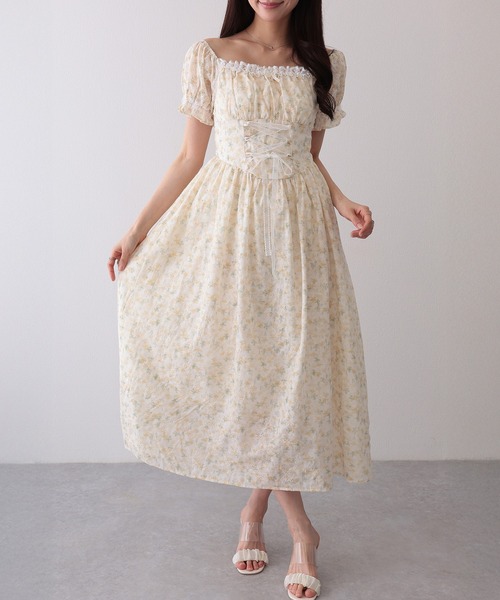 Lace Ladies(レースレディース)の「フロント レースアップ 花柄 ギャザー ワンピース(ワンピース・レディース・ブルー/アイボリー/ラベンダー/ピンク・FREE)」の5枚目の写真