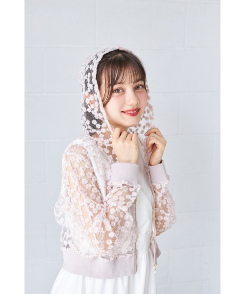 トッコクローゼット tocco closet シアーフラワーレース刺繍パール付きジップパーカー シアーフラワーレース刺繍パール付きジップパーカー（パーカー