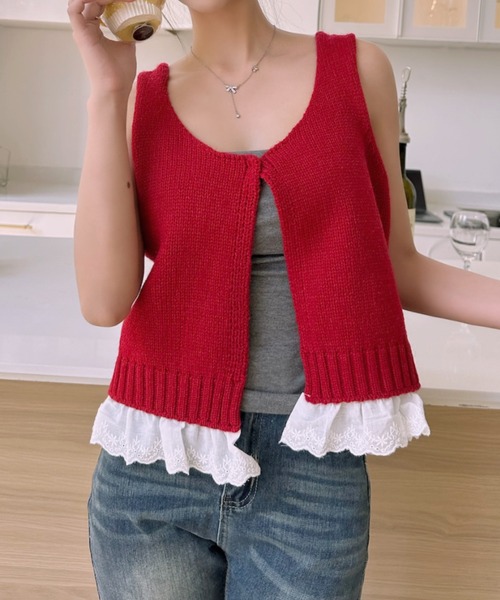 Ada.(エイダ)の「裾レース レイヤードデザイン ニット ビスチェ(ニット/セーター・レディース・アイボリー/レッド/グレー・FREE)」の18枚目の写真