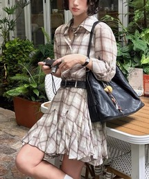 チェック柄 シャツ風 ミニフレアワンピース (ウエストシェーピングデザイン)