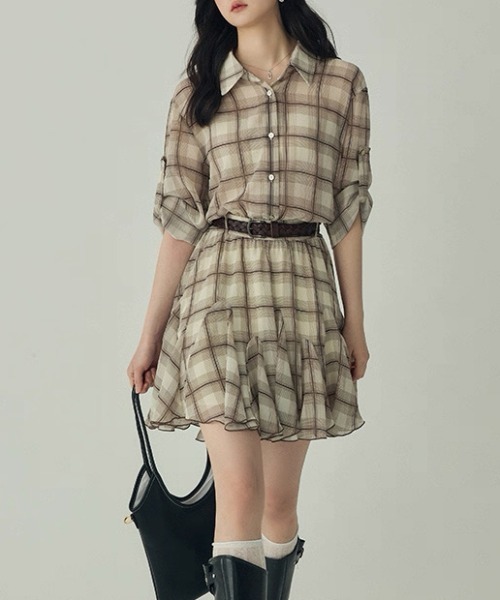 gossip！ロサンゼルス（ゴシップロサンゼルス）の「チェック柄 シャツ風 ミニフレアワンピース （ウエストシェーピングデザイン）（シャツワンピース・レディース・チェック・S/M）」の13枚目の写真