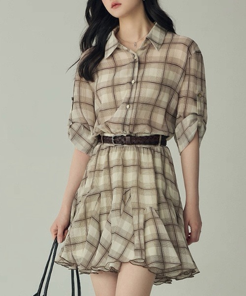 gossip！ロサンゼルス（ゴシップロサンゼルス）の「チェック柄 シャツ風 ミニフレアワンピース （ウエストシェーピングデザイン）（シャツワンピース・レディース・チェック・S/M）」の14枚目の写真