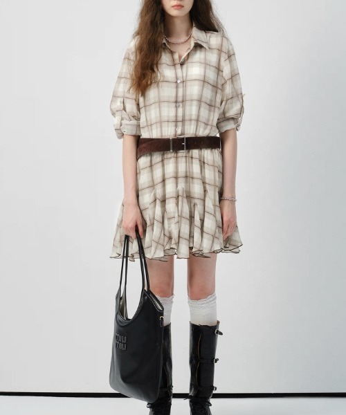 gossip！ロサンゼルス（ゴシップロサンゼルス）の「チェック柄 シャツ風 ミニフレアワンピース （ウエストシェーピングデザイン）（シャツワンピース・レディース・チェック・S/M）」の21枚目の写真