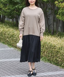 【好機能シリーズ】吸湿発熱/静電気防止 ポンチ異素材切替ワンピース│Aライン/ ロング丈/ドッキングワンピース/体型カバー