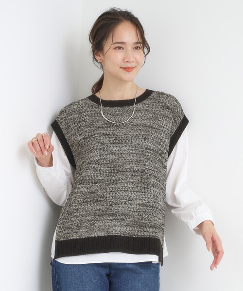 SHOO・LA・RUE（シューラルー）の「【2点セット/S-LL】着回しいろいろ 編み柄ベスト×ブラウス（ニット/セーター・レディース・ブラック/ダークブラウン・01/02/03/04）」の3枚目の写真