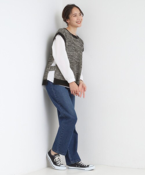 SHOO・LA・RUE（シューラルー）の「【2点セット/S-LL】着回しいろいろ 編み柄ベスト×ブラウス（ニット/セーター・レディース・ブラック/ダークブラウン・01/02/03/04）」の5枚目の写真