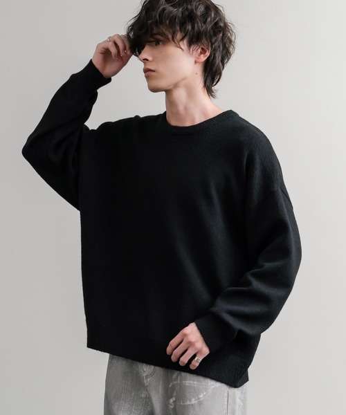 Rocky Monroe(ロッキーモンロー)の「オーバーサイズ ウール混5G天竺ショート丈クルーネックニットセーター(ニット/セーター・メンズ・ブラック/ブルー/グレー/ライトグレー・L/M)」の1枚目の写真