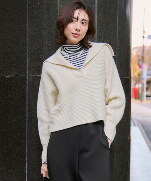 セール】ウールカシミヤチャンキー クロップド スキッパーニット